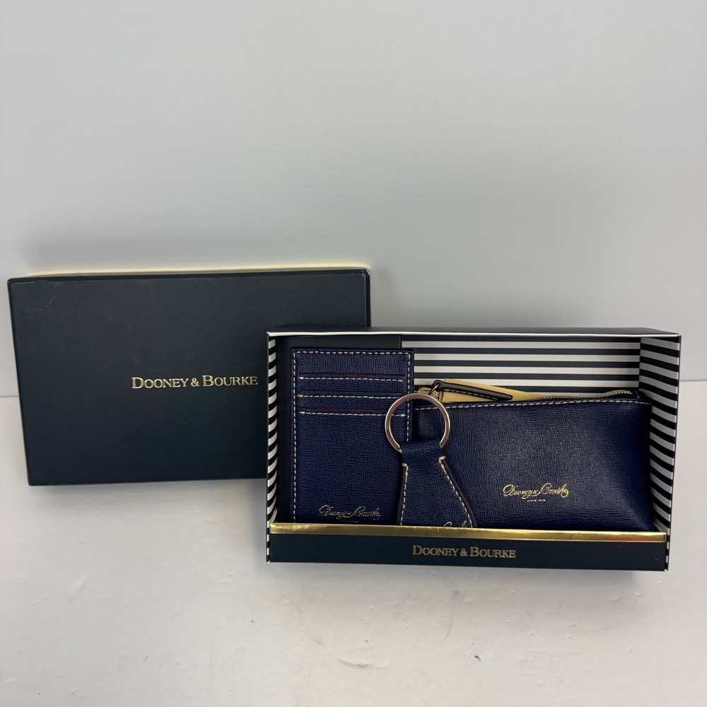 Dooney & Bourke Marine Blue Saffiano Leather 3 Piece Gift Set Pouch Card Key Fob
